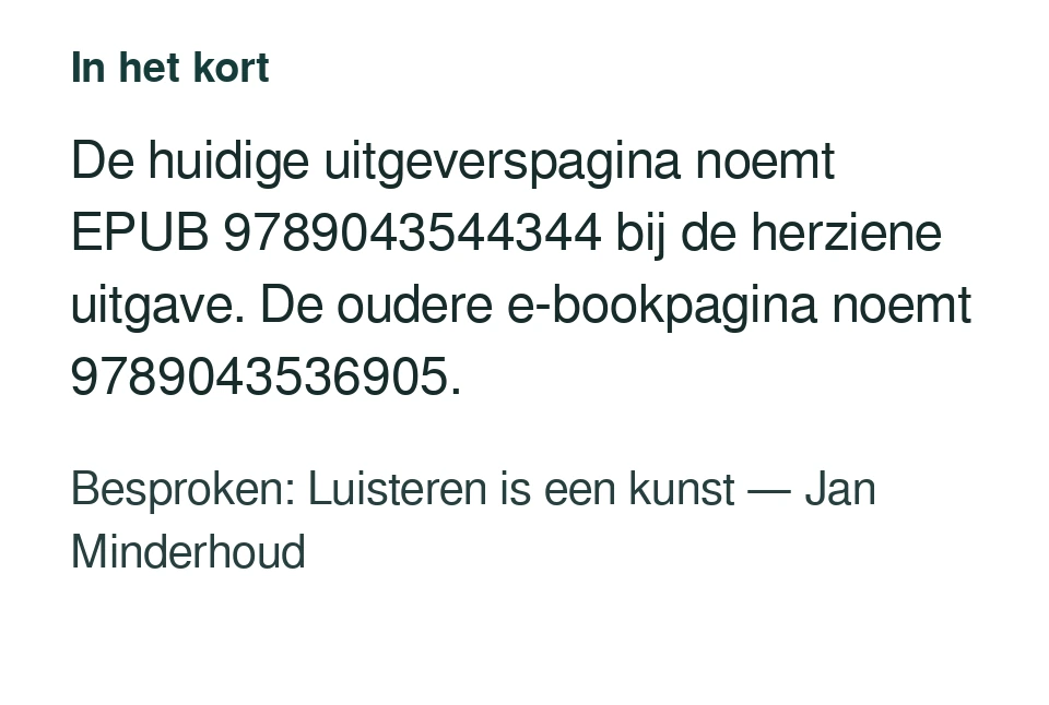 De huidige uitgeverspagina noemt EPUB 9789043544344 bij de herziene uitgave. De oudere e-bookpagina noemt 9789043536905. Besproken: Luisteren is een kunst — Jan Minderhoud.