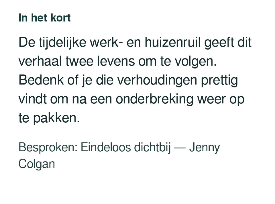 De tijdelijke werk- en huizenruil geeft dit verhaal twee levens om te volgen. Bedenk of je die verhoudingen prettig vindt om na een onderbreking weer op te pakken. Besproken: Eindeloos dichtbij — Jenny Colgan.